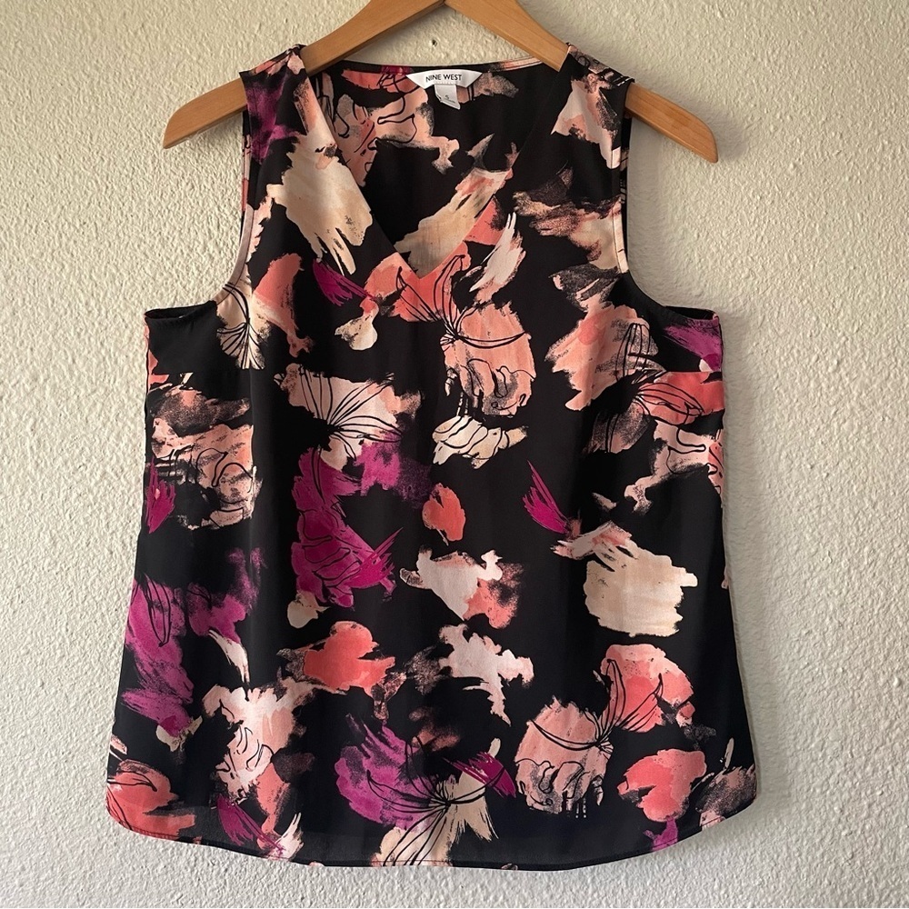 Nine West Blouse Top Women’s S Black Floral Abstract Lined Sleeveless Career